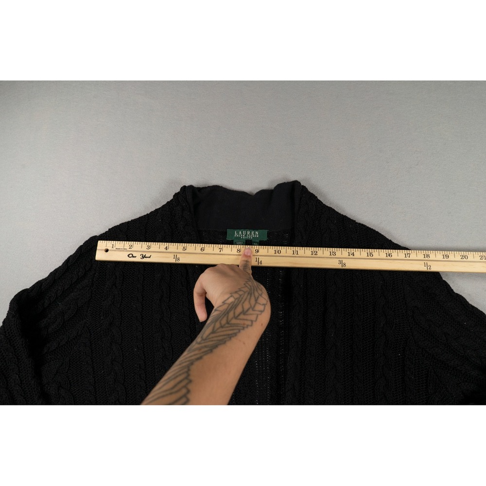 Lauren Ralph Lauren Petite Black Cable Knit Velvet Tie Cardigan Sweater PL - Picture 7 of 10